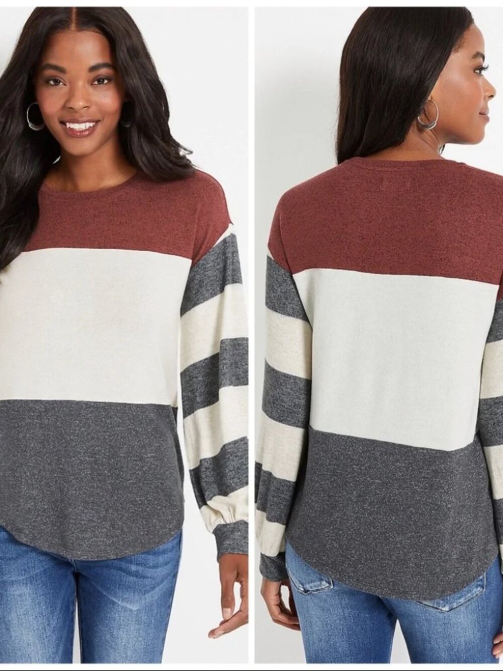 Maurices White Maroon Gray Colorblock Long Sleeve Cozy Tee Shirt